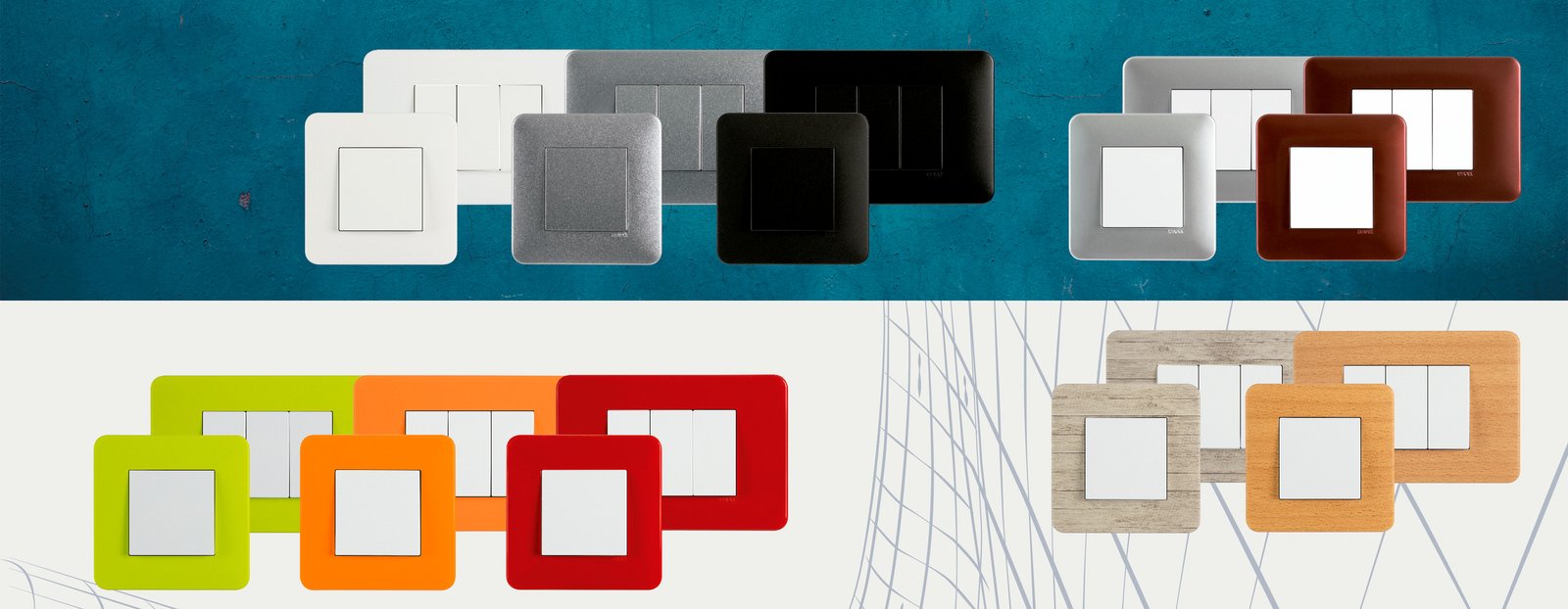 Varios mecanismos de empotrar EFAPEL Latina en acabados blanco, metal, negro, colores y madera